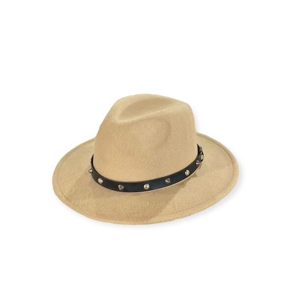 Tan Suede Stiff Brim Black Leather Silver Studded Spiked Band Fedora Hat -NEW